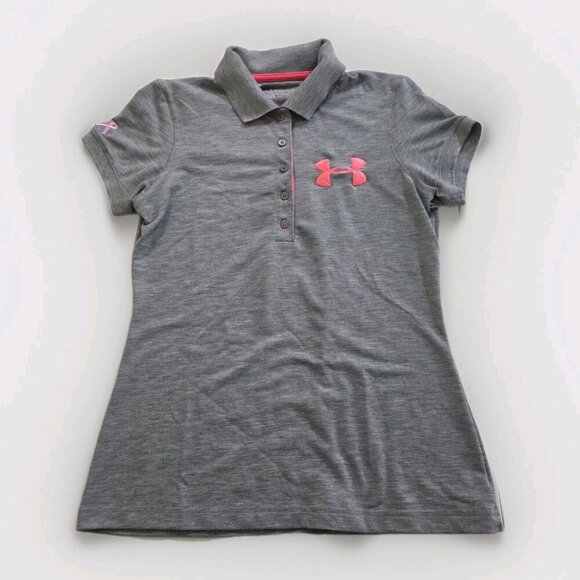 Under Armour Polo Women M Gray Pink Accents Heat Gear SS Semi Fitted Golf Active - Picture 12 of 13